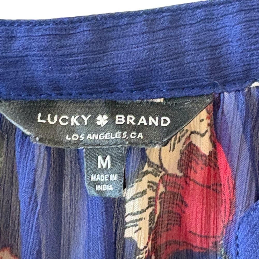 Lucky Brand Blue Chiffon Red Rose Floral Peasant V Neck Boho Blouse Size XS - Picture 8 of 11
